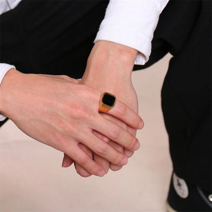 Men's geometric stainless steel ring in silver, gold, red, and black finishes