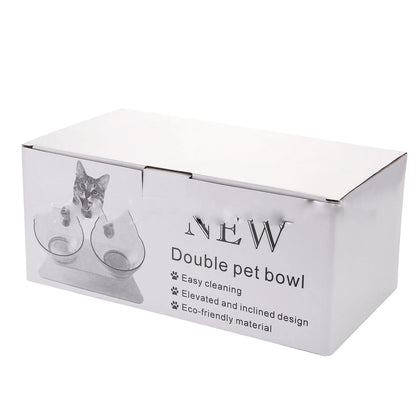 Elevated tilted pet bowl with non-slip stand in transparent, white, and black color options