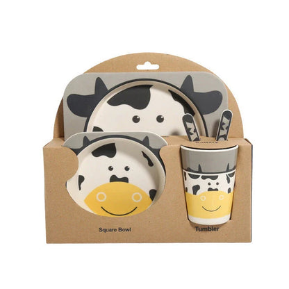 Five-piece bamboo fibre children's tableware set with plates, bowls, cups, spoons, and forks in various animal-themed designs