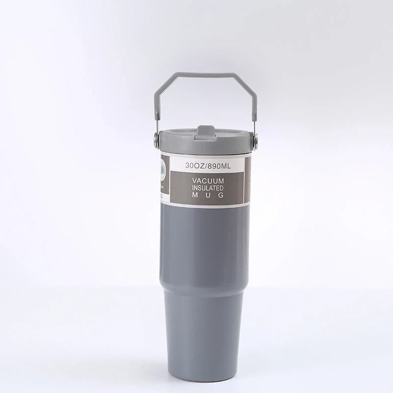 Stainless steel insulated tumbler with handle, available in multiple colors and sizes, designed to keep drinks hot or cold for hours.