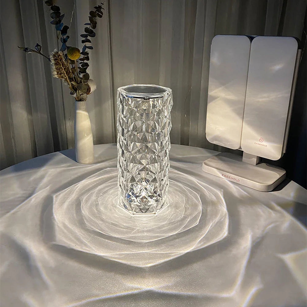 Elegant crystal bedside lamp with touch-sensitive controls and 16 color RGB lighting options