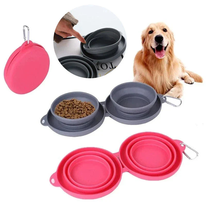 Collapsible pet bowls made of durable silicone with dual compartments and spill-resistant design for dogs and cats