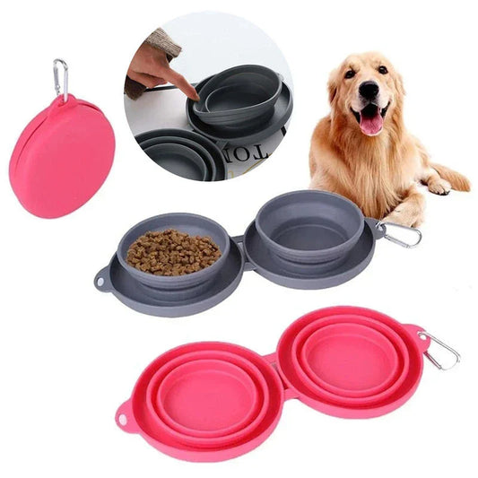 Collapsible pet bowls made of durable silicone with dual compartments and spill-resistant design for dogs and cats