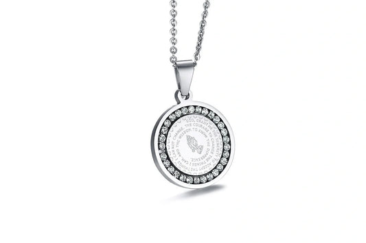 Premium stainless steel pendant with sparkling rhinestones and engraved English Scripture