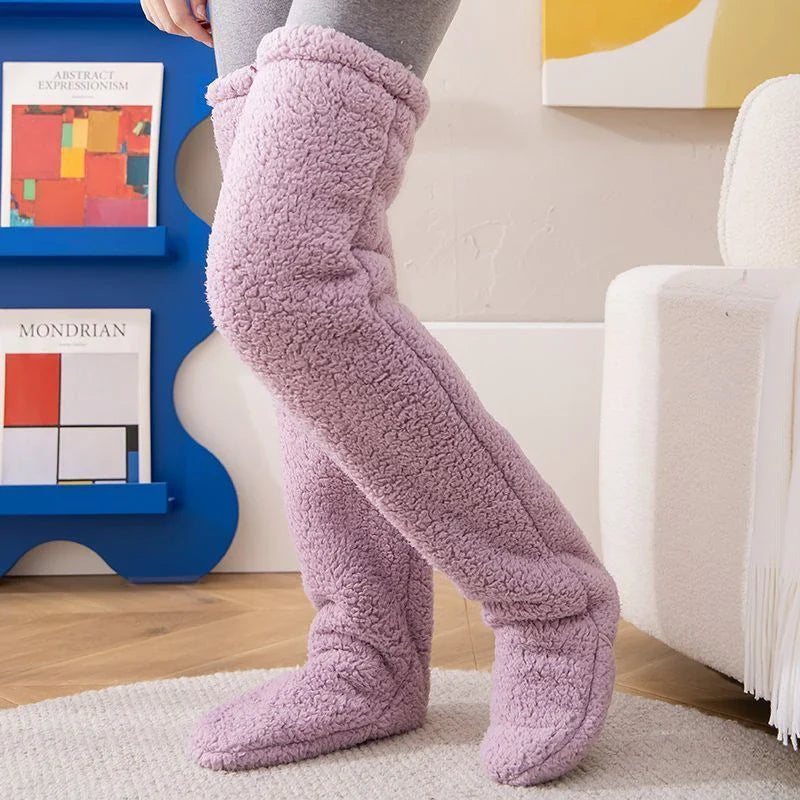 Cozy over-the-knee fuzzy socks in various colors, including brown, blue, dark gray, and pink purple