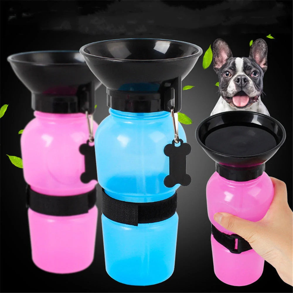 Portable pet water bottle with squeeze-feed bowl for dogs and cats