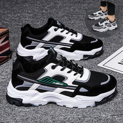 Men's black and white lace-up sneakers with breathable mesh for running