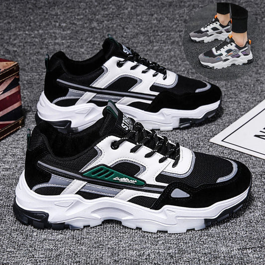 Men's black and white lace-up sneakers with breathable mesh for running
