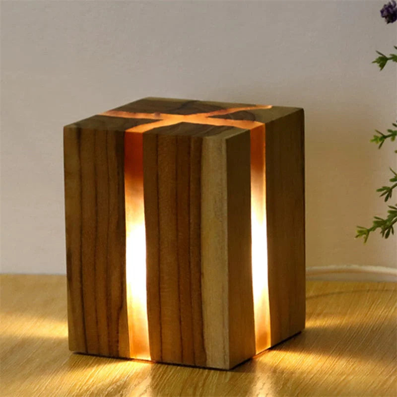 Adjustable wooden LED desk lamp with USB charging port in rustic brown finish