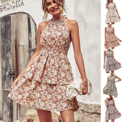 Stylish backless halter dress in various colors, featuring a ruffled A-line silhouette and comfortable polyester fabric for summer fashion