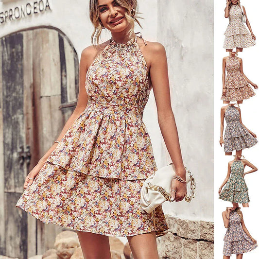 Stylish backless halter dress in various colors, featuring a ruffled A-line silhouette and comfortable polyester fabric for summer fashion