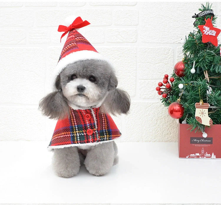 Christmas red check dog sweater with suede lining for winter warmth