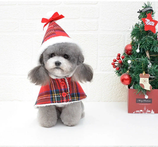 Christmas red check dog sweater with suede lining for winter warmth