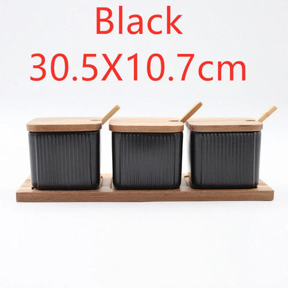 Stylish ceramic seasoning box set with sleek matte finish and airtight lids, perfect for organising spices in a modern British kitchen