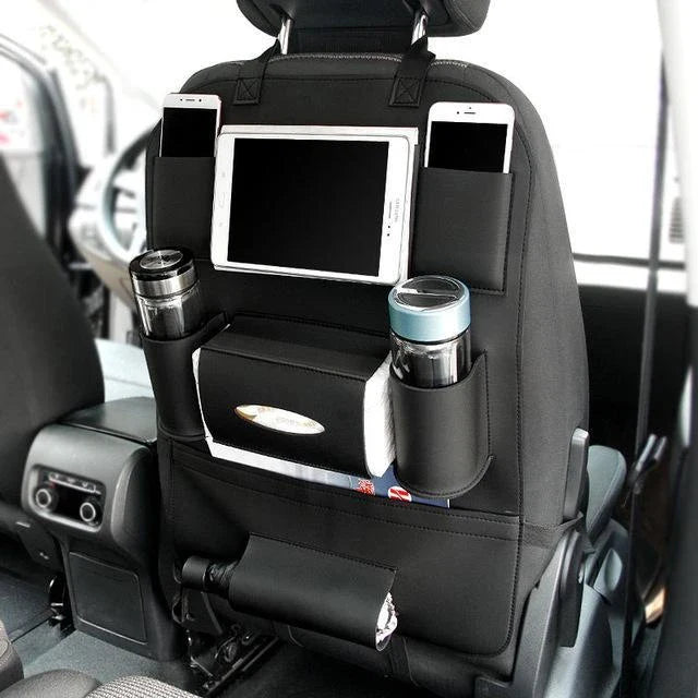 Premium leather car seat organisers with ample storage space for drinks, phones, pens, and other essentials, designed for UK drivers