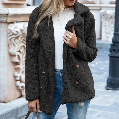 Cozy and stylish winter jacket for women, featuring a fluffy design, button closure, and a range of color options