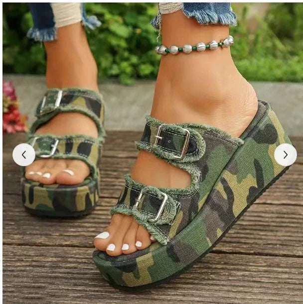 Women's denim buckle wedges sandals with thick bottom and high heel