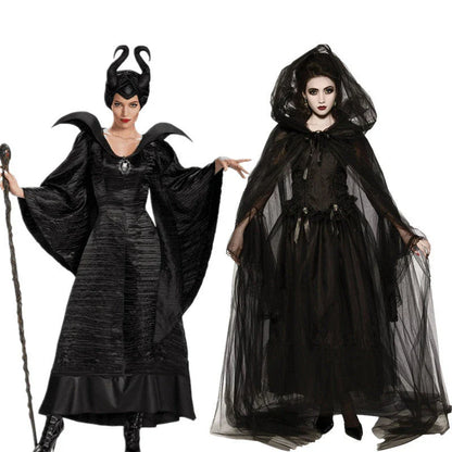 Maleficent Halloween costume with horned headpiece, flowing cape, and dark dress