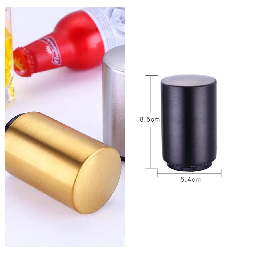 Portable magnetic automatic beer bottle opener in brushed stainless steel finish