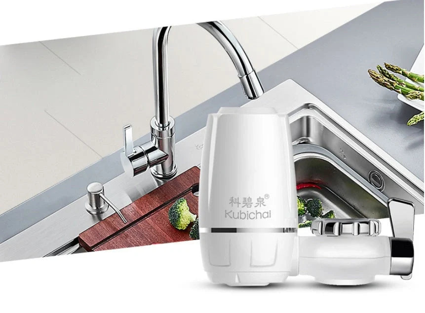 White kitchen tap water purifier with ceramic cartridge and universal adapter