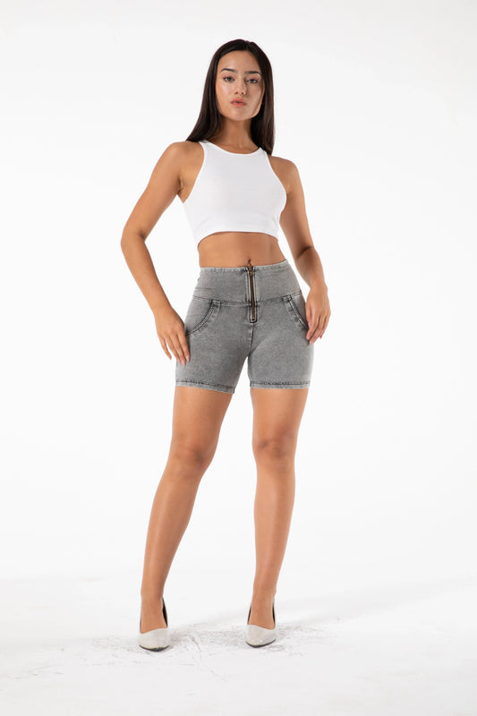 Shascullfites Melody High Waisted Denim Shorts in grey, featuring a soft stretch material for comfort.