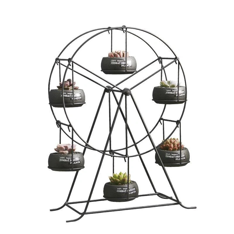 Ferris Wheel stand with 6 cement succulent plant pots for compact plant display