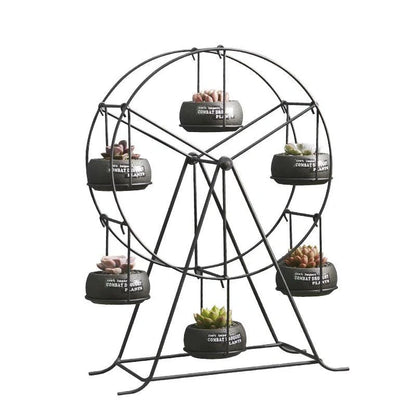 Ferris Wheel stand with 6 cement succulent plant pots for compact plant display