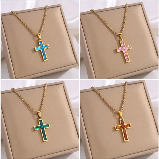 European and American style titanium steel diamond cross necklace with no colour fading
