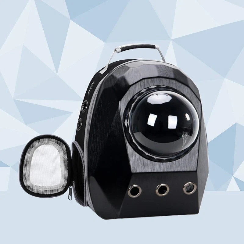 Space capsule style cat carrier backpack with transparent window and ventilation holes
