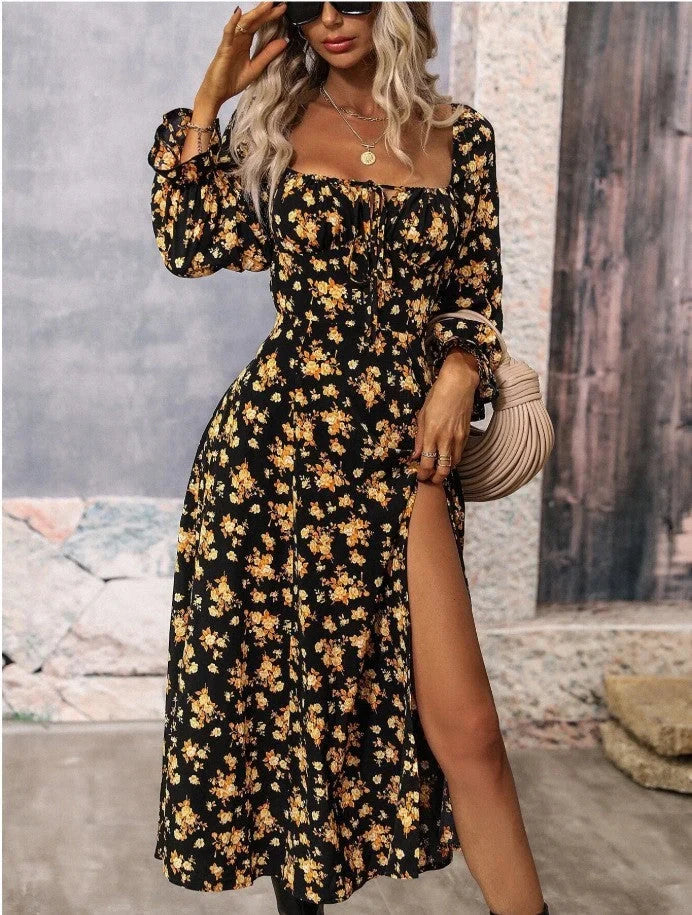 Floral Long Sleeve Swing Dress with Square Neckline and Slit - A stylish and versatile British-inspired women's clothing piece