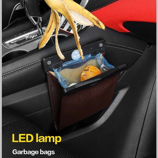 LED-powered car trash can organizer with durable construction and versatile hanging/sticking design for convenient storage and tidy car interior