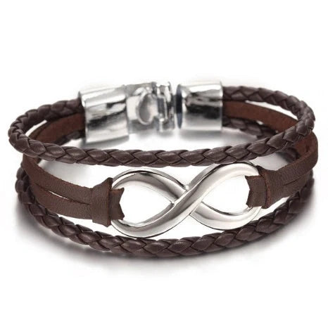 Lucky figure 8 leather bracelet in black and brown, symbolizing infinity and good fortune