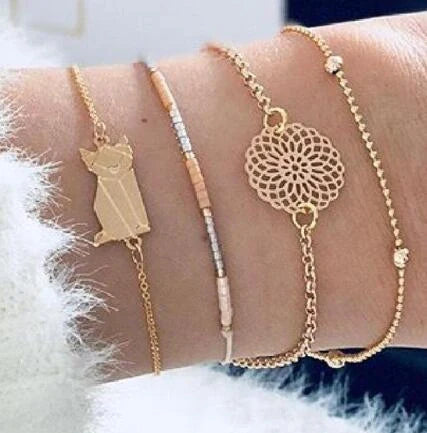 Bead Chain Bracelet Set featuring star and moon design in alloy material