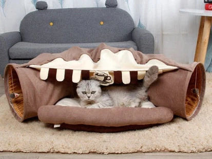 Collapsible cat tunnel with mat for interactive play and rest, available in multiple colours