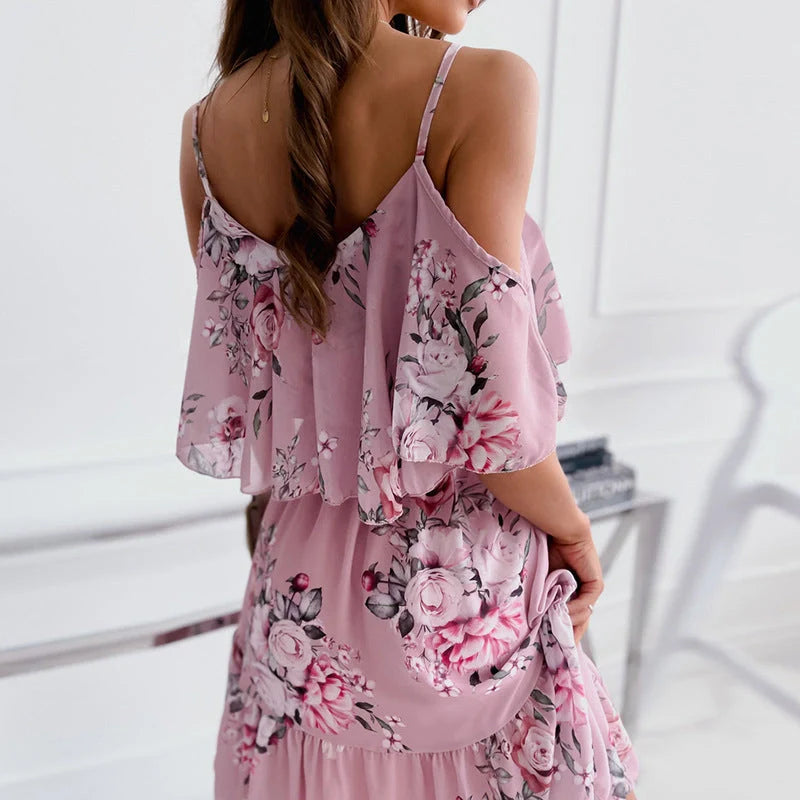Flower printed ruffled suspender dress for women in summer