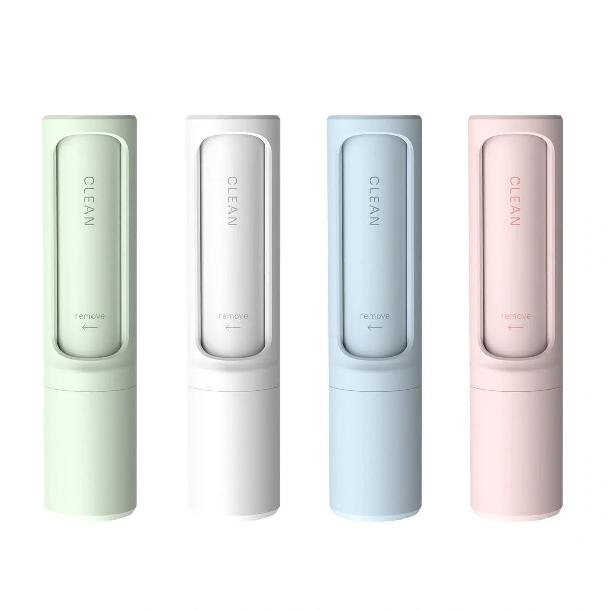 Rotating cylinder electrostatic pet hair remover brush in white, blue, green, and pink