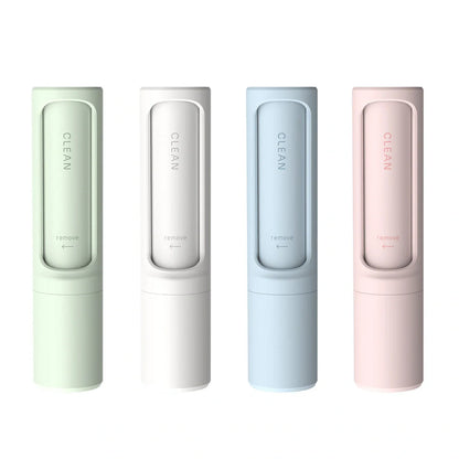 Rotating cylinder electrostatic pet hair remover brush in white, blue, green, and pink