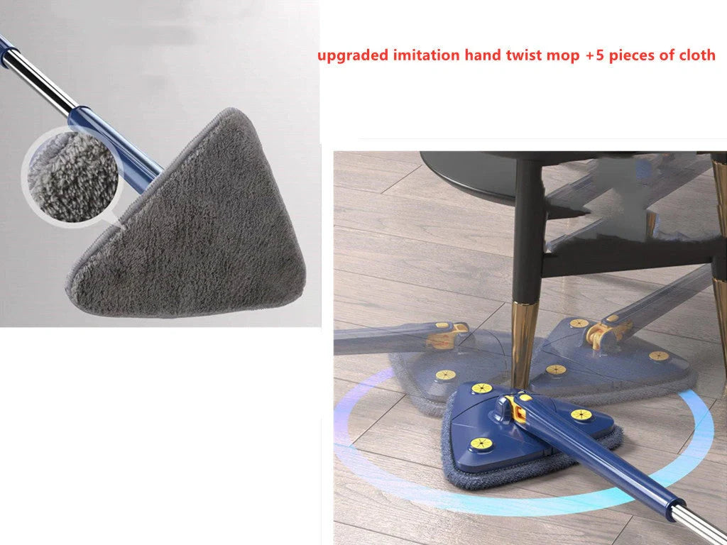 Extendable Triangle Mop with 360° rotatable head for deep cleaning in blue and white