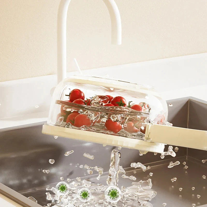 Versatile fruit drain basket with lid and foldable handle for fresh produce storage