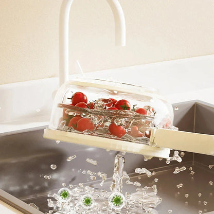 Versatile fruit drain basket with lid and foldable handle for fresh produce storage
