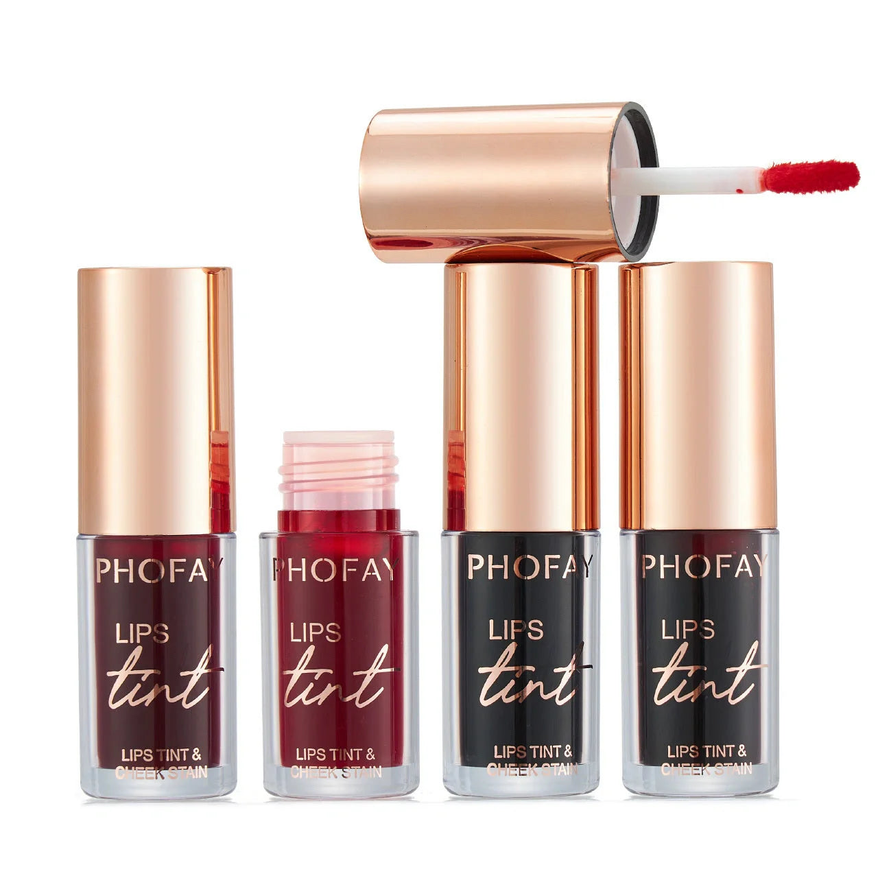 PHOFAY Premium Long-Lasting Lip Tint Collection in various shades and applications