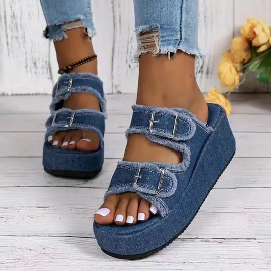 Women's denim buckle wedges sandals with thick bottom and high heel