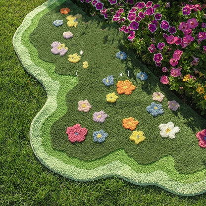 Stylish and cozy floral carpet with vibrant green grass pattern, suitable for living rooms, bedrooms, and entryways