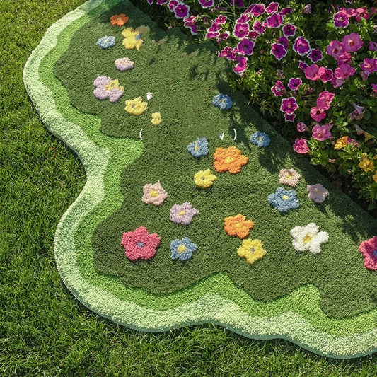 Stylish and cozy floral carpet with vibrant green grass pattern, suitable for living rooms, bedrooms, and entryways
