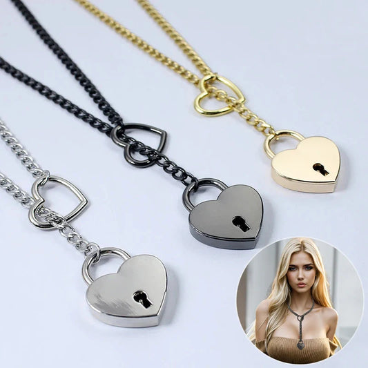 Adjustable Heart Slip Chain Necklace with Key Lock Charm in Black, Silver, and Gold Colours