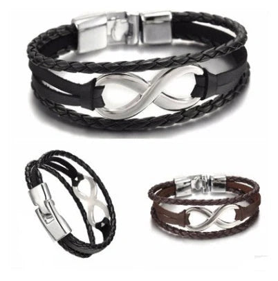 Lucky figure 8 leather bracelet in black and brown, symbolizing infinity and good fortune