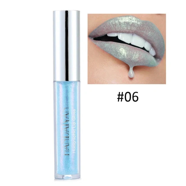 Polarized lip gloss in six vibrant shades, showcasing high-shine finish and vitamin E enrichment