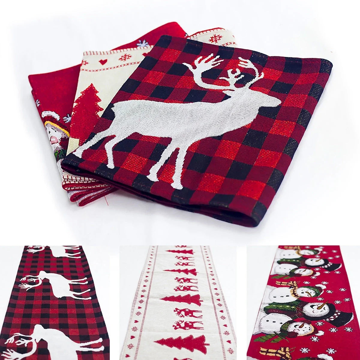 Christmas Elk Snowman Table Runner on a dining table, festive holiday decor