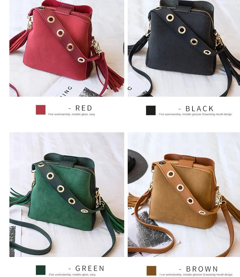 Trendy frosted tassel bucket bag in a range of classic colors, featuring a spacious interior and a dedicated camera pocket for maximum convenience.