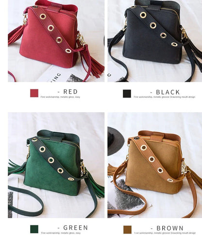 Trendy frosted tassel bucket bag in a range of classic colors, featuring a spacious interior and a dedicated camera pocket for maximum convenience.